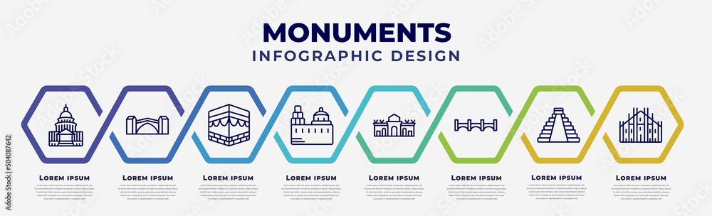 Poster vector infographic design template with icons and 8 options or steps. infographic for monuments conc