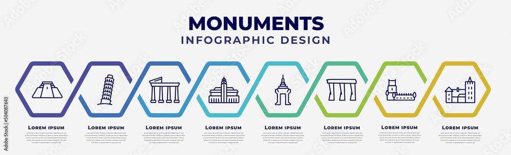 Poster vector infographic design template with icons and 8 options or steps. infographic for monuments conc