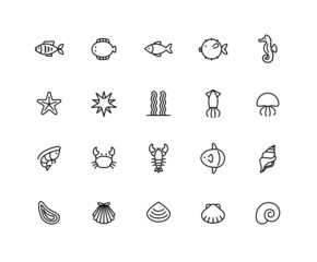 marine animal and Seafood linear icons. Set of Fish, Ocean symbols drawn with thin contour lines. Vector illustration.