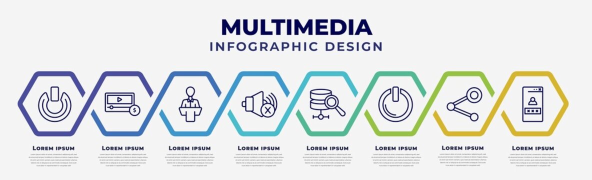 Vector Infographic Design Template With Icons And 8 Options Or Steps. Infographic For Multimedia Concept. Included Power On Button, Paid, Science Conference, Speaker Mute, Database Analysis, Start