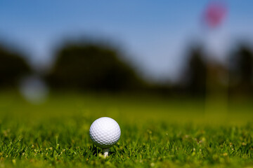 Golf ball in golf course. Golf ball is on tee on green grass background.