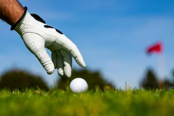 Poster Golfer man with golf glove. Hand putting golf ball on tee in golf course. © Volodymyr