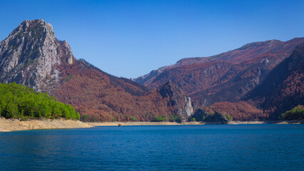 Obraz premium View of the green water of the Oymapinar Dam with green trees on the shore