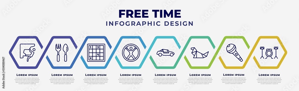 Poster vector infographic design template with icons and 8 options or steps. infographic for free time conc