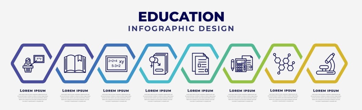 Vector Infographic Design Template With Icons And 8 Options Or Steps. Infographic For Education Concept. Included Teacher Giving Lecture, Book With Bookmark, Math Class, Fraternity, Folded Written