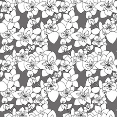 White flowers with black contour on grey background. Seamless vector pattern. Hand drawn outline illustration for fabric, wallpaper