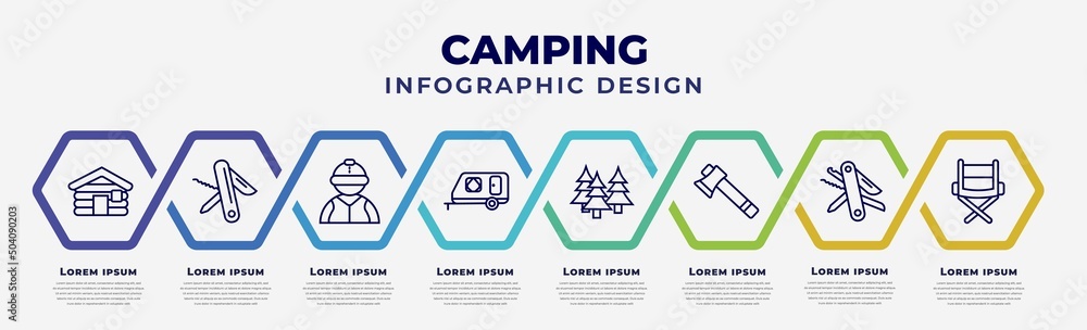 Poster vector infographic design template with icons and 8 options or steps. infographic for camping concep