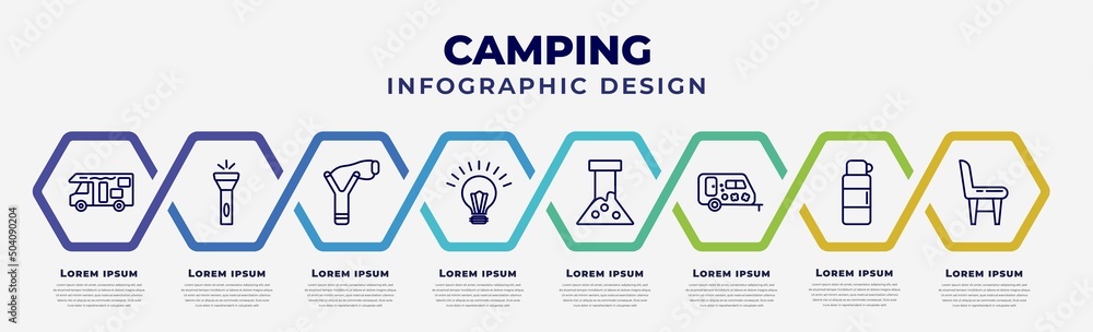 Poster vector infographic design template with icons and 8 options or steps. infographic for camping concep
