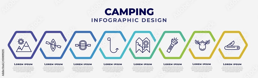 Poster vector infographic design template with icons and 8 options or steps. infographic for camping concep