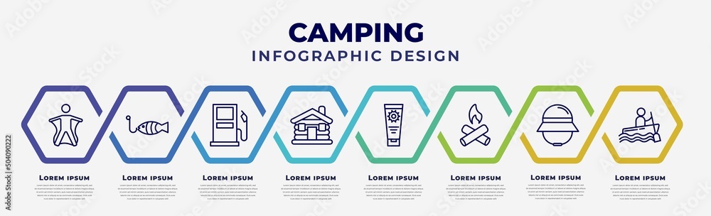 Poster vector infographic design template with icons and 8 options or steps. infographic for camping concep