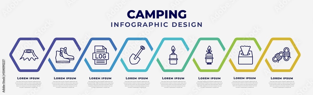 Poster vector infographic design template with icons and 8 options or steps. infographic for camping concep
