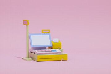 Cash register machine, cashier in pastel pink and yellow color background, 3d rendering, supermarket, store - obrazy, fototapety, plakaty