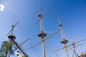 Fragment of Galleon Neptun in Porto antico in Genoa. It is a ship replica of a 17th century Spanish...