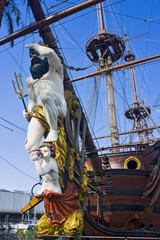 Fragment of Galleon Neptun in Porto antico in Genoa. It is a ship replica of a 17th century Spanish...