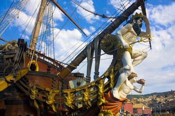 Fragment of Galleon Neptun in Porto antico in Genoa. It is a ship replica of a 17th century Spanish galleon built in 1985 for Roman Polanski's film Pirates © Lindasky76