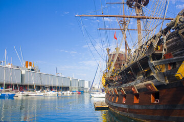 Fragment of Galleon Neptun in Porto antico in Genoa. It is a ship replica of a 17th century Spanish...