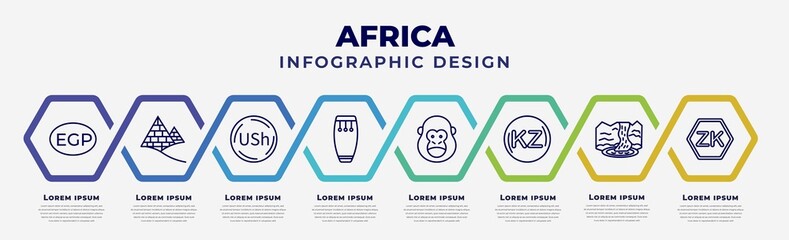 vector infographic design template with icons and 8 options or steps. infographic for africa concept. included egyptian pound, pyramids, ugandan shilling, conga, gorilla, angolan kwanza, waterfall, - obrazy, fototapety, plakaty