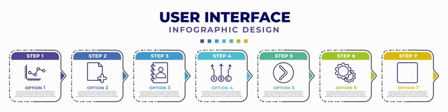 infographic template with icons and 7 options or steps. infographic for user interface concept. included line dot chart, new page, contact notebook, abc item chart, right button, tings, rounded