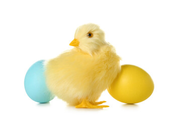 Cute yellow chicken and Easter eggs on white background