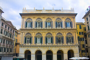 Old building in front of Saint Lawrence (Lorenzo) Cathedral at Via S. Lorenzo in Genoa, Italy