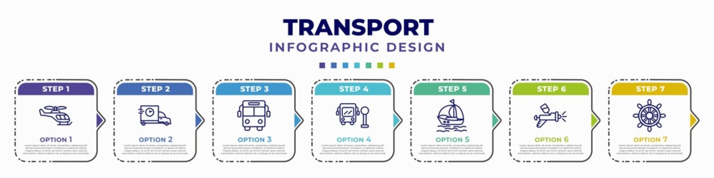 infographic template with icons and 7 options or steps. infographic for transport concept. included small helicopter, carrier, public transport, school bus stop, sailing boat with veils, car