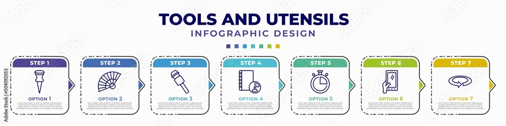 Aufkleber infographic template with icons and 7 options or steps. infographic for tools and utensils concept. 