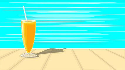 Cocktail glass of orange juice by the summer pool, vacation concept, vector illustration, poster, card, space for text.