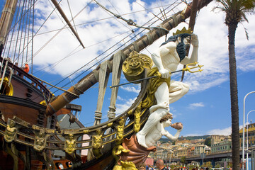 Fragment of Galleon Neptun in Porto antico in Genoa. It is a ship replica of a 17th century Spanish...