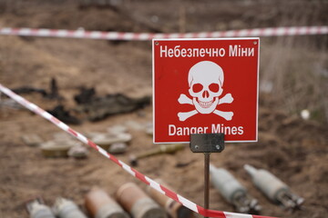 Demining by troops of the territory. Many mines, shells, artillery, grenades, fragmentation...