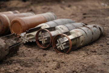 Demining by troops of the territory. Many mines, shells, artillery, grenades, fragmentation...