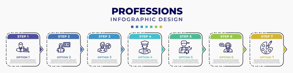 infographic template with icons and 7 options or steps. infographic for professions concept. included statistician, teacher, podiatrist, concierge, plumber, telemarketer, artist editable vector.