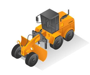 Isometric design concept illustration. heavy equipment motor grader
