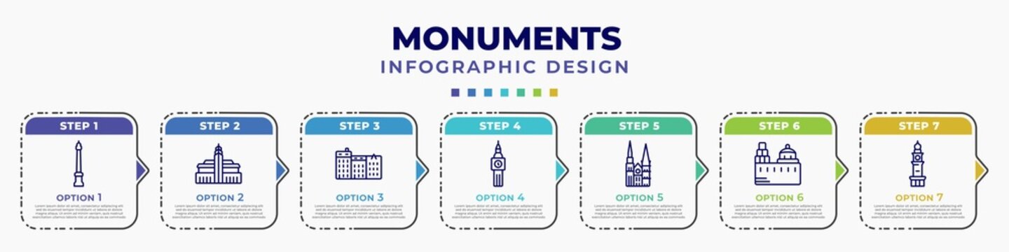 infographic template with icons and 7 options or steps. infographic for monuments concept. included monument site, hassan mosque, denmark, the clock tower, chartres cathedral, blue domed churches,