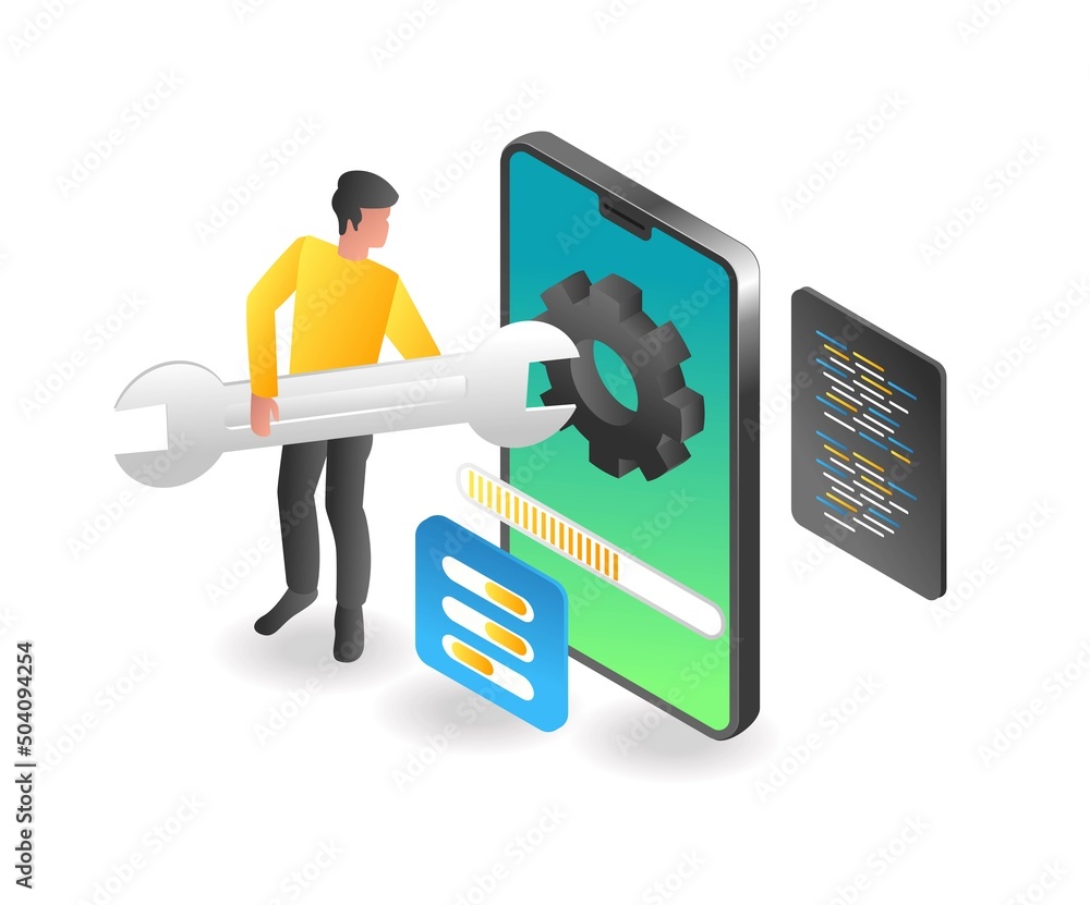 Poster flat isometric illustration concept. the man is in the process of upgrading the smartphone data appl