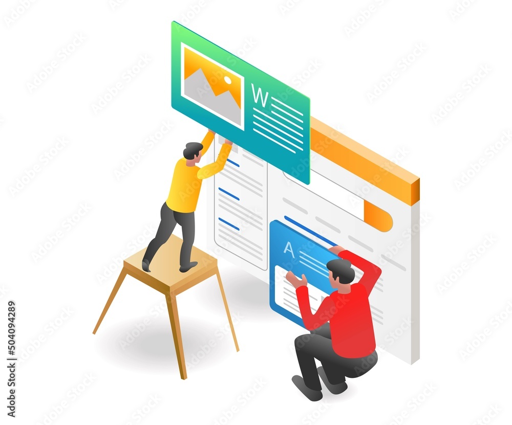 Poster flat isometric illustration concept. the creative team is working on a new website display