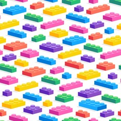 Game constructor pattern. Seamless print of colorful cartoon children plastic block game, geometric brick toy. Vector texture
