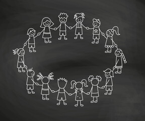 Happy doodle stick children holding hands. Hand drawn funny kids in circle. International friendship concept. Doodle children community. Vector linear illustration on school blackboard background.