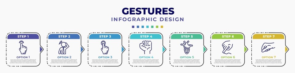 infographic template with icons and 7 options or steps. infographic for gestures concept. included hand pointer, dubious, drag down, hand gesture, joker face, smudge, grab editable vector. - obrazy, fototapety, plakaty