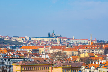 Fototapeta premium Houses with traditional red roofs in Prague, Panoramic city skyline, Scenic aerial panorama of the Old Town architecture in Prague, Czech Republic