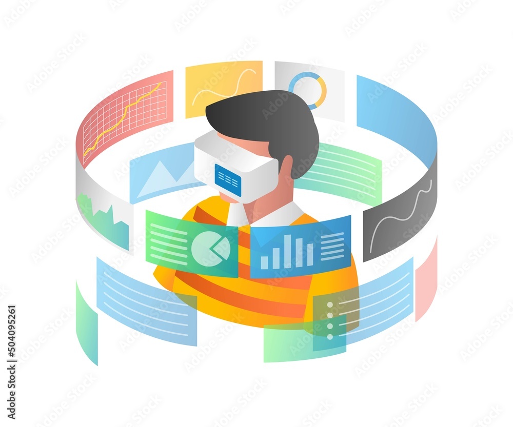 Aufkleber Flat isometric illustration concept. man analyzing data with vr