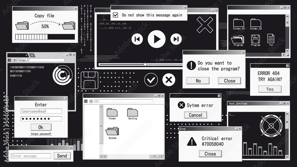 Poster retro futuristic system. computer interface with web browser, file manager, pop-up error message. ve