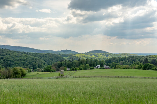 Bensheim, Germany, Auerbach Odenwald meadow Landscape with Castle Starkenburg, Heppenheim on a Hill in the background
