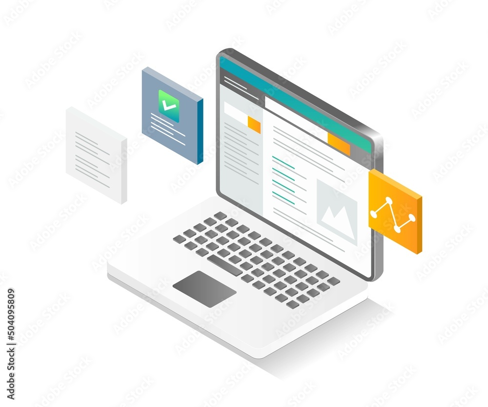 Poster flat isometric illustration concept. easy to use interface on laptop