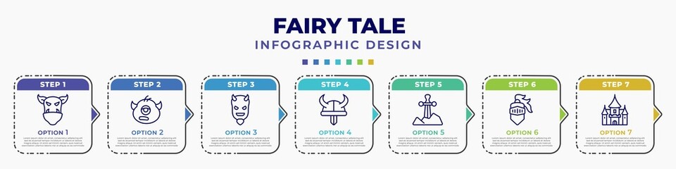 infographic template with icons and 7 options or steps. infographic for fairy tale concept. included ogre, cyclops, evil, viking, excalibur, knight, palace editable vector.