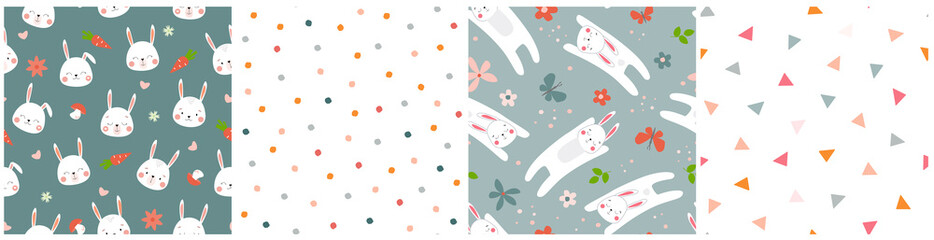 A set of children's seamless pattern with hares, flowers and carrots, hearts. Summer print with funny jumping rabbits, simple shapes of circles and triangles. Vector graphics.