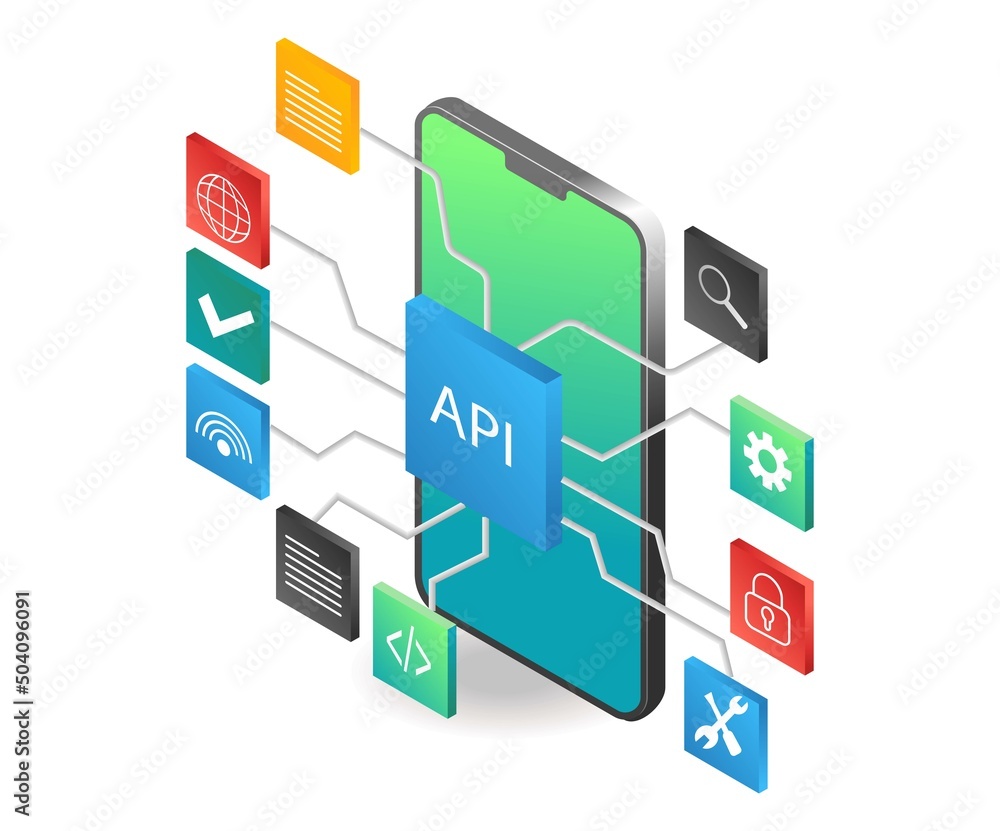 Aufkleber flat isometric illustration concept. api application network