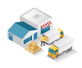 Flat isometric illustration concept. arrange stock items in trucks and then deliver