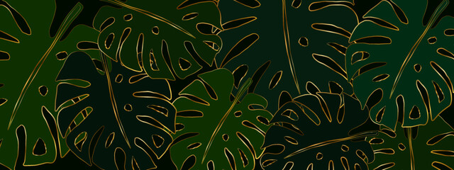 A dark green banner filled with outline gold monstera leaves. Vector luxury illustration © Mariia