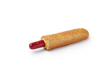 Traditional French hotdog in rye baguette isolated on white