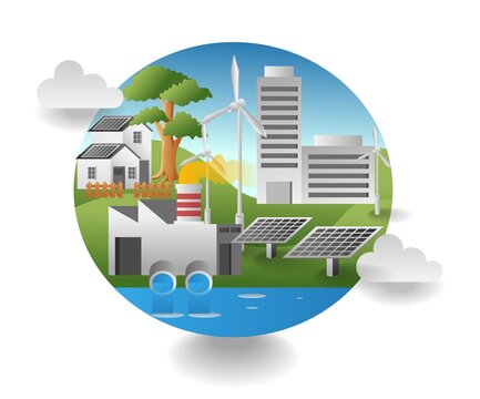 flat isometric illustration concept. factory waste and solar panel energy